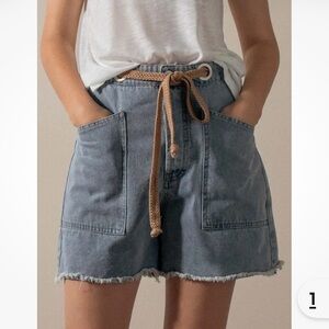 Urban Daizy Super High Rise Denim Jean Shorts Raw Hem Rope Tie Button Fly Sz S